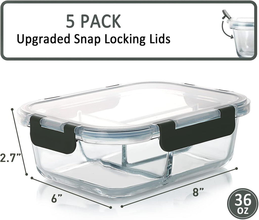 Divided Glass Meal Prep Container Set with Lids