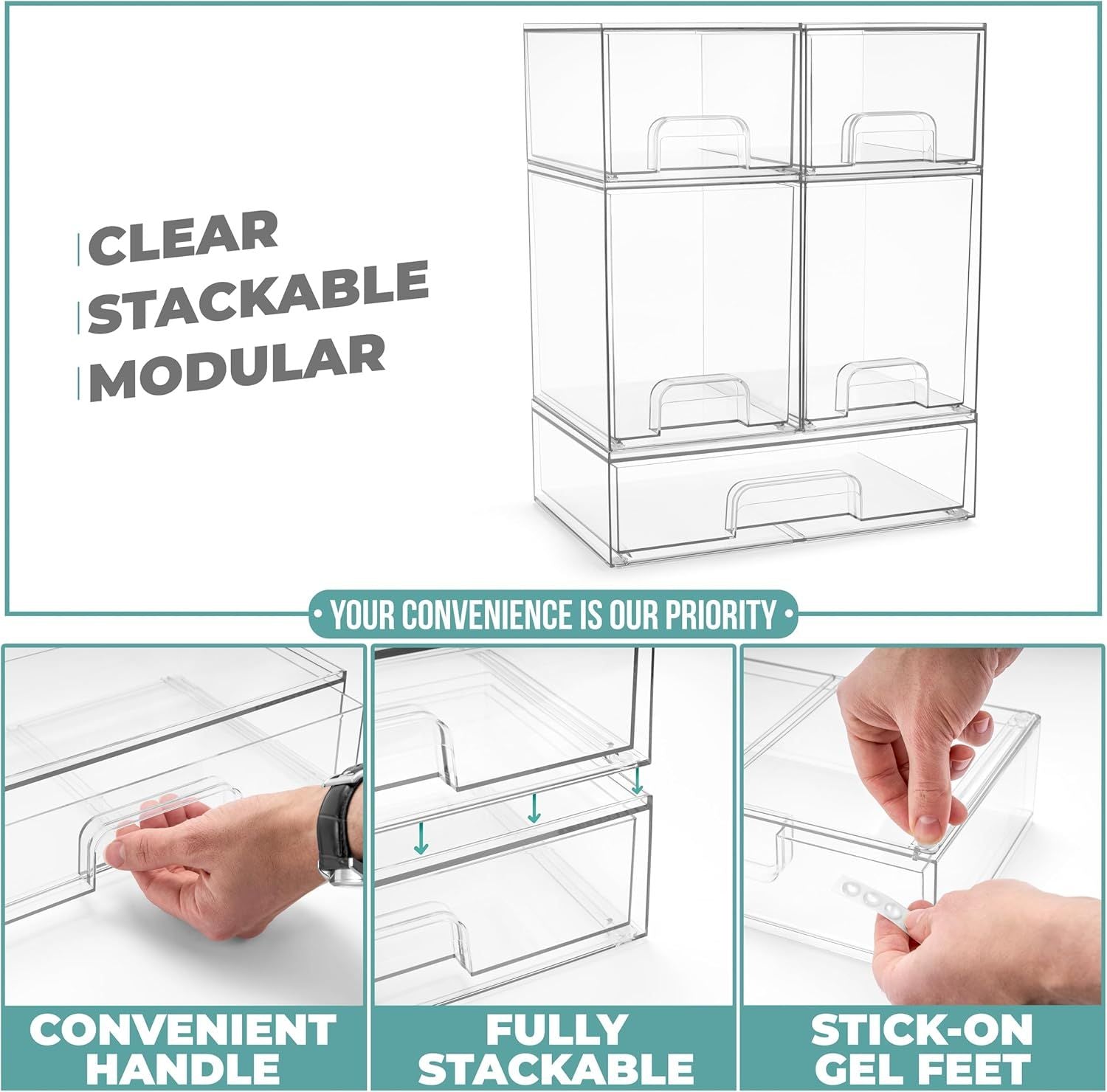 5-Piece Clear Acrylic Stackable Storage Bins Set for Bathroom Organization