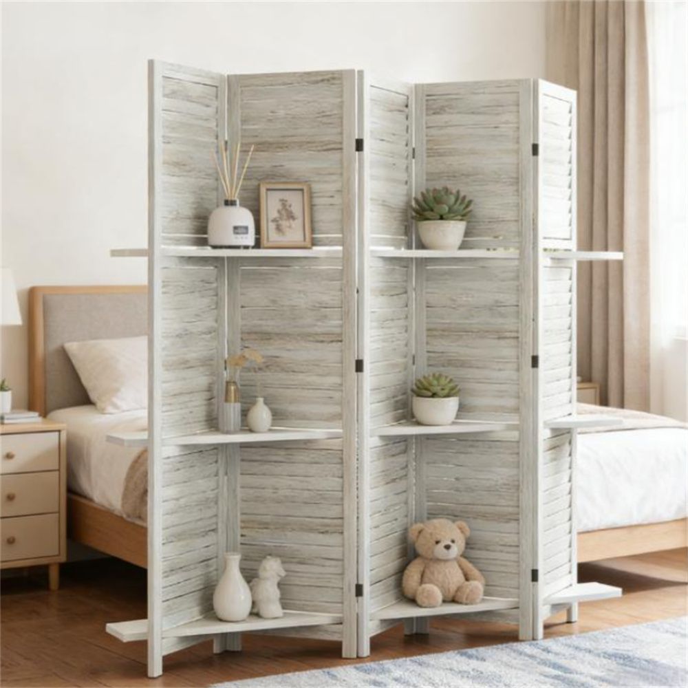 Distressed White Five-Panel Room Divider with Shelves