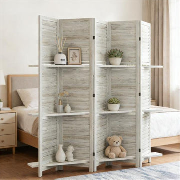 Distressed White Five-Panel Room Divider with Shelves