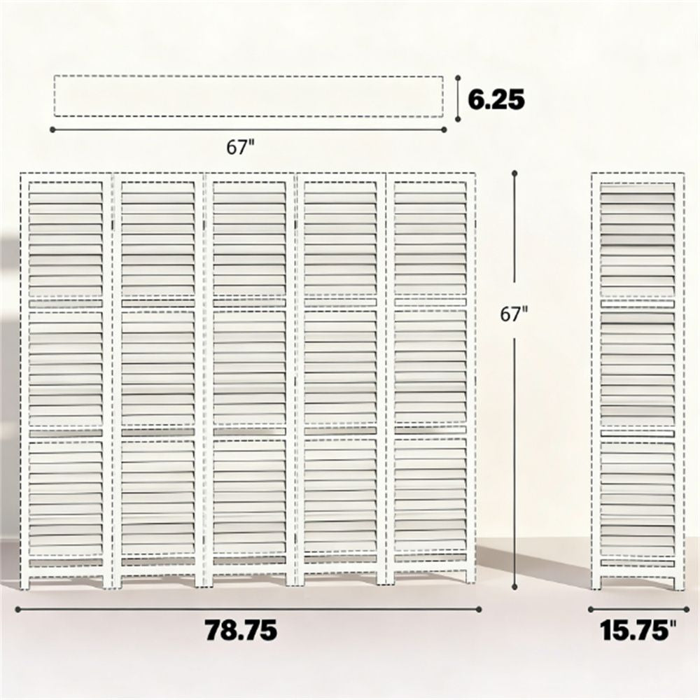 Distressed White Five-Panel Room Divider with Shelves