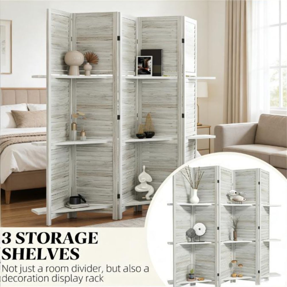 Distressed White Five-Panel Room Divider with Shelves