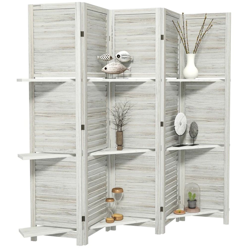 Distressed White Five-Panel Room Divider with Shelves
