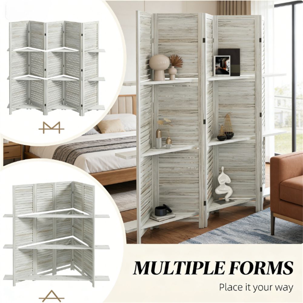 Distressed White Five-Panel Room Divider with Shelves