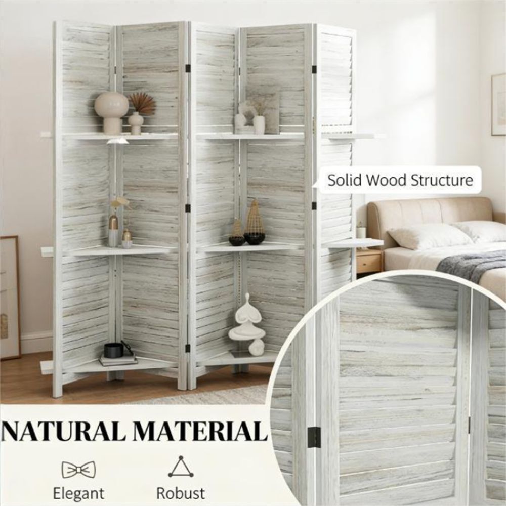 Distressed White Five-Panel Room Divider with Shelves