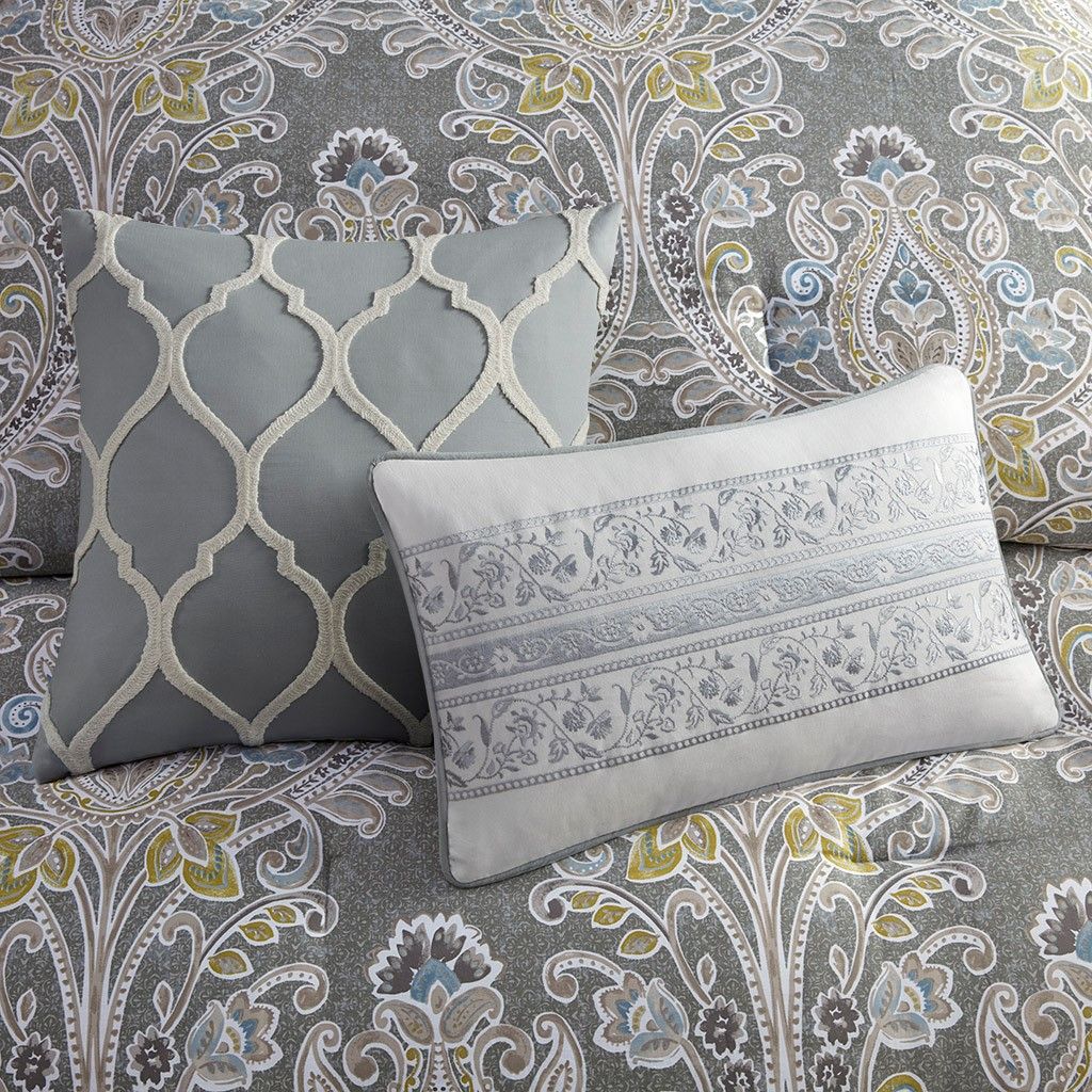 Gray Damask Duvet Cover Set with Decorative Pillows