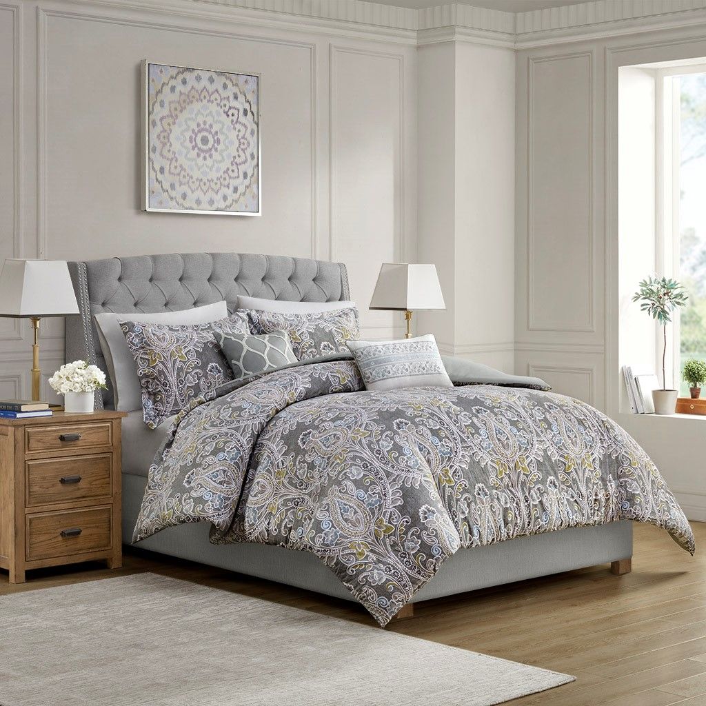 Gray Damask Duvet Cover Set with Decorative Pillows