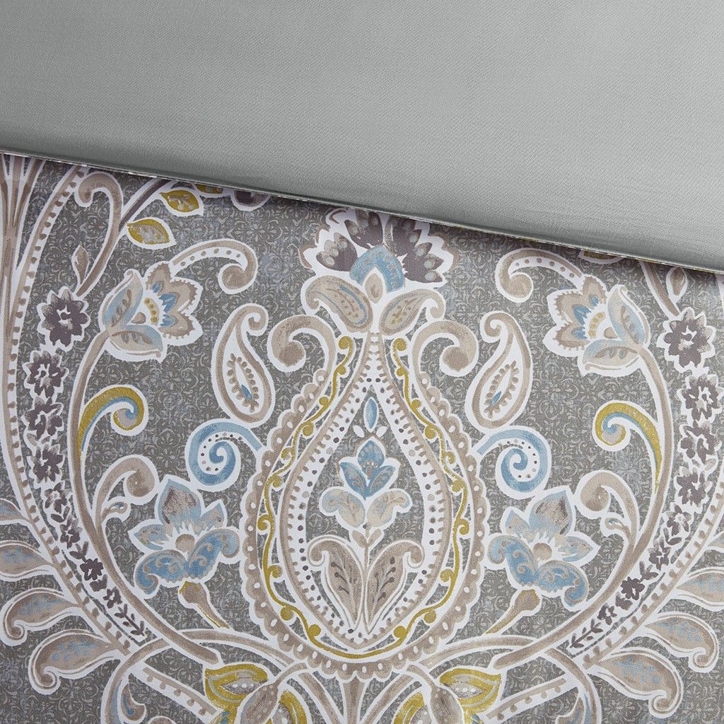 Gray Damask Duvet Cover Set with Decorative Pillows
