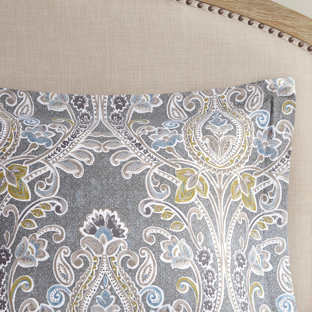 Gray Damask Duvet Cover Set with Decorative Pillows
