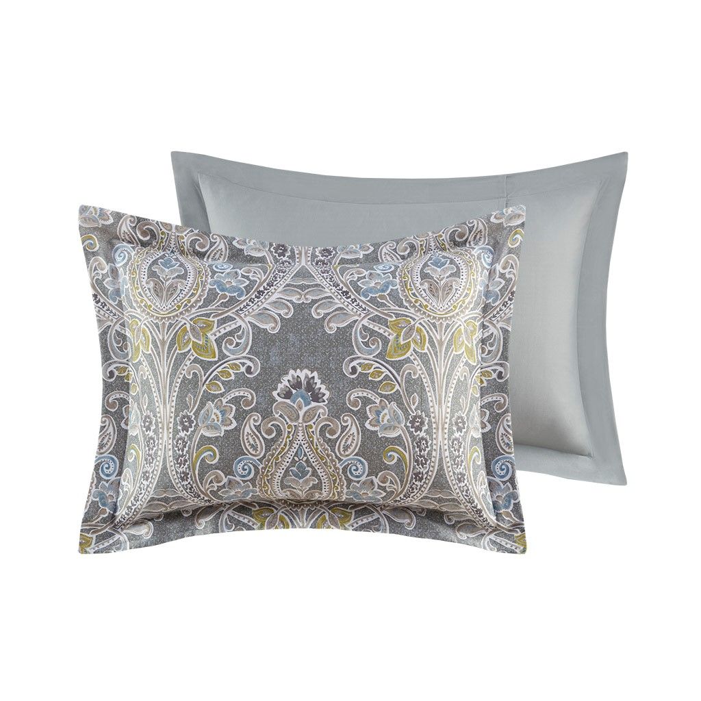 Gray Damask Duvet Cover Set with Decorative Pillows