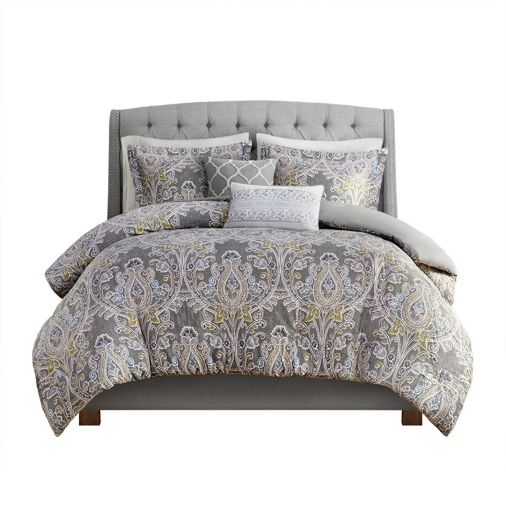 Gray Damask Duvet Cover Set with Decorative Pillows