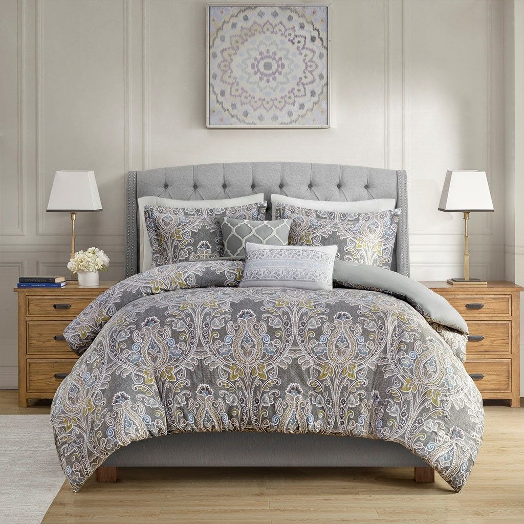 Gray Damask Duvet Cover Set with Decorative Pillows