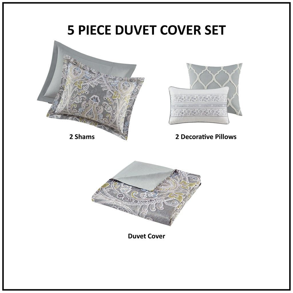 Gray Damask Duvet Cover Set with Decorative Pillows