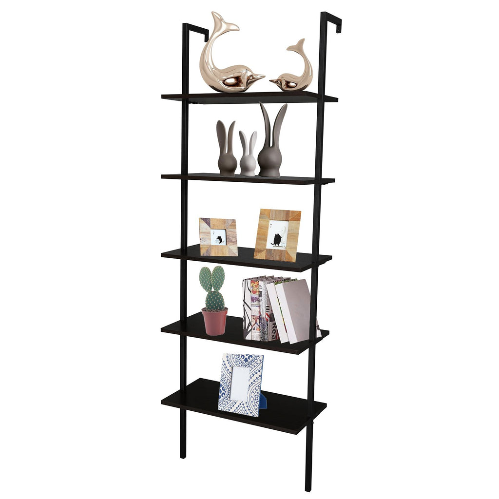 Industrial 5-Tier Ladder Bookcase – Modern Open Shelving - Dark Walnut and Black Frame