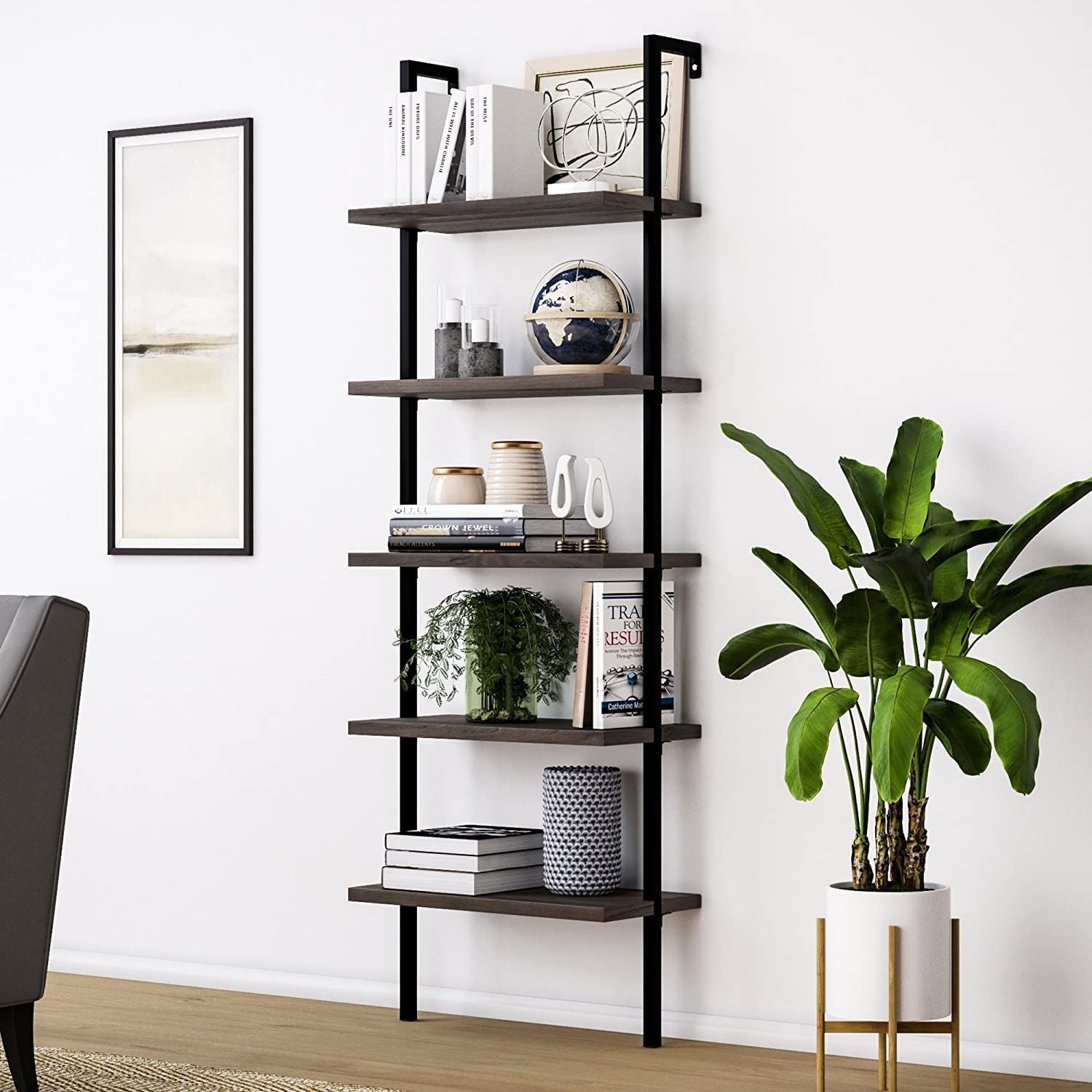 Industrial 5-Tier Ladder Bookcase – Modern Open Shelving