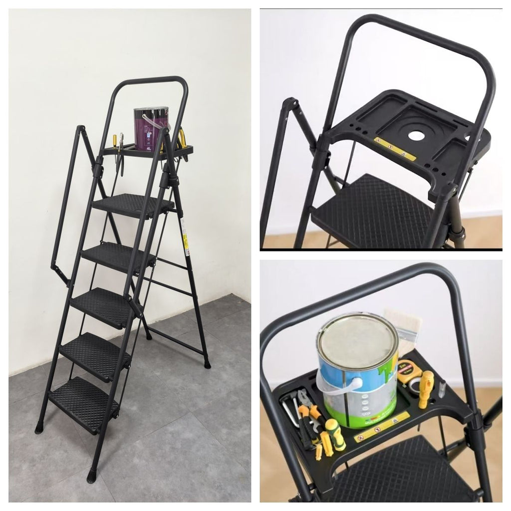 TidyCabinet 5-Step Folding Ladder with Detachable Tool Tray and Non-Slip Pedals