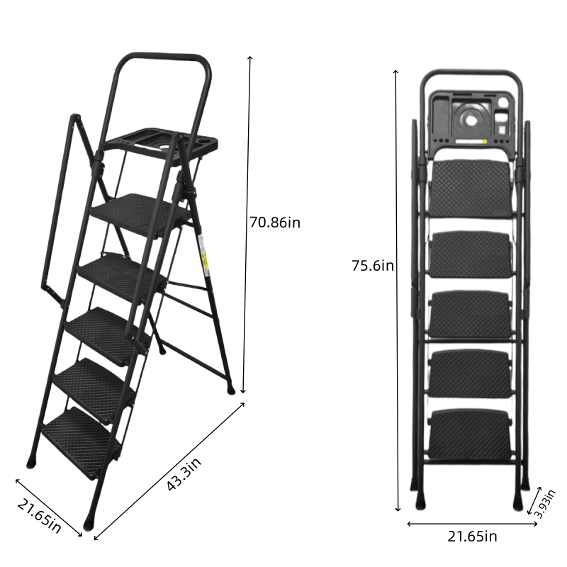 TidyCabinet 5-Step Folding Ladder with Detachable Tool Tray and Non-Slip Pedals