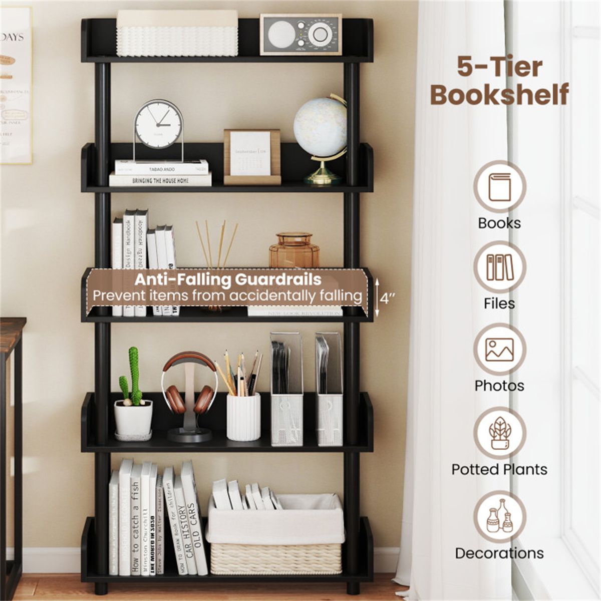 Industrial Open Bookcase with Guarded Shelves
