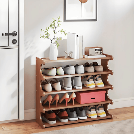 5 Tier Bamboo Shoe Rack, Free Standing Shoe Storage Organizer with Wood Grain Finish