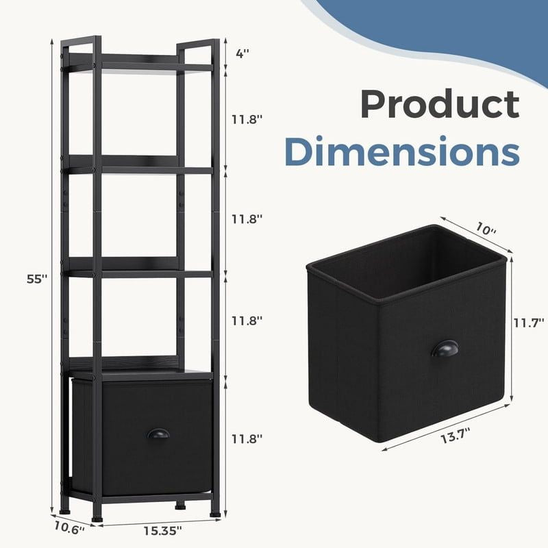 5-Tier Bookshelf with Fabric Drawer - Tall Narrow Storage Display Rack, Black