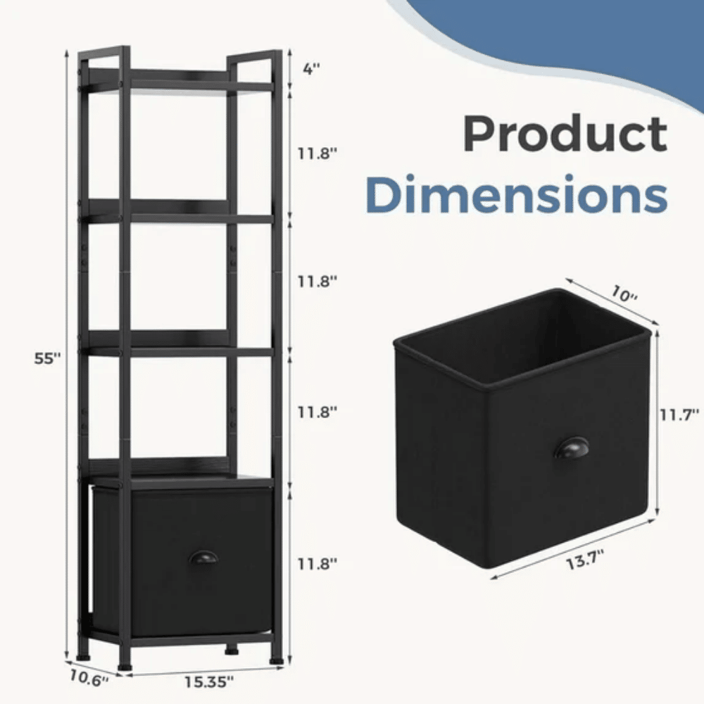 Narrow Five-Tier Bookcase with Concealed Drawer