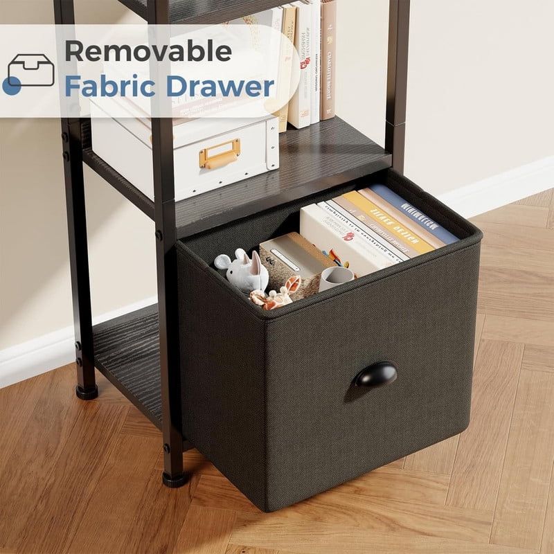 5-Tier Bookshelf with Fabric Drawer - Tall Narrow Storage Display Rack, Black