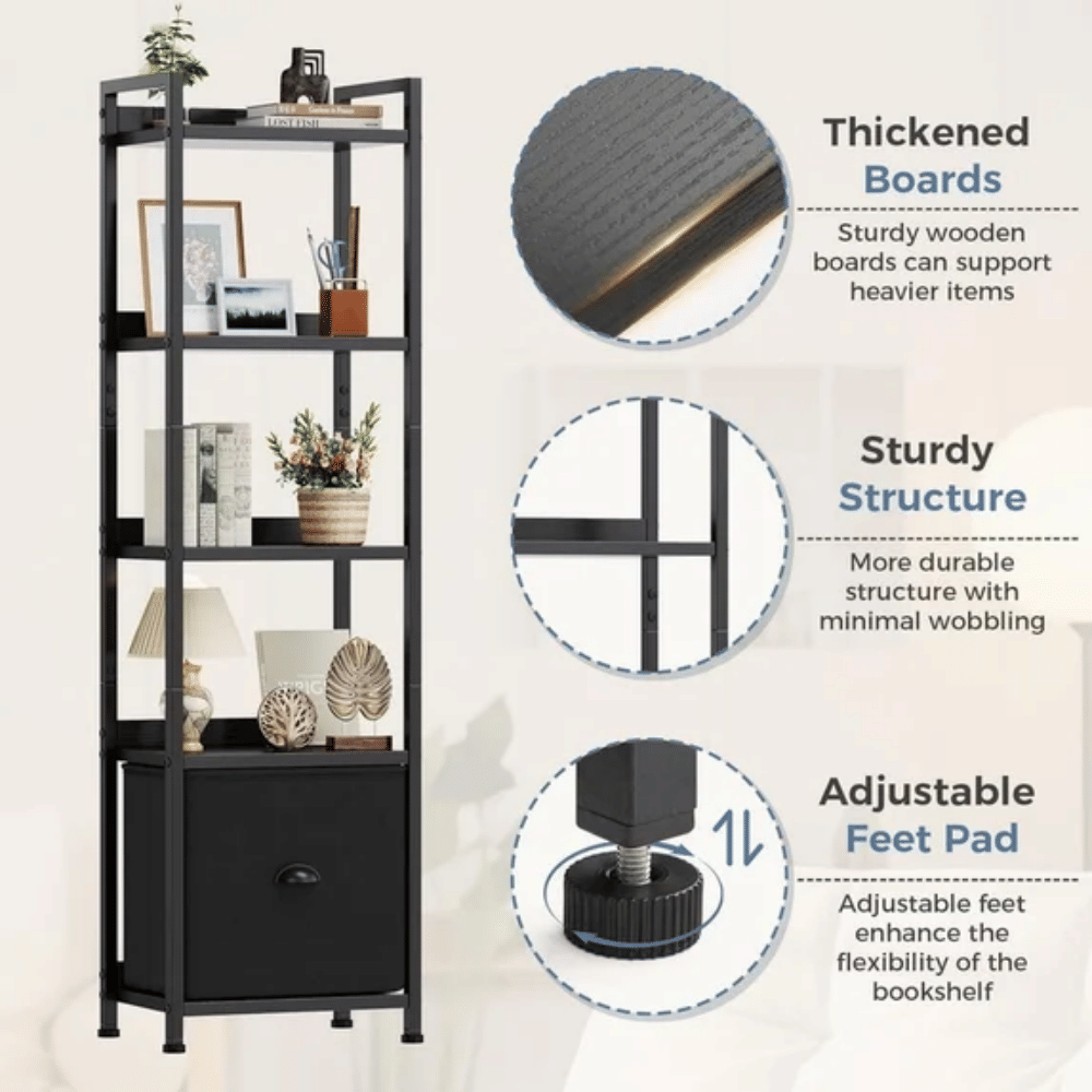 Narrow Five-Tier Bookcase with Concealed Drawer