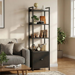 5-Tier Bookshelf with Fabric Drawer - Tall Narrow Storage Display Rack, Black