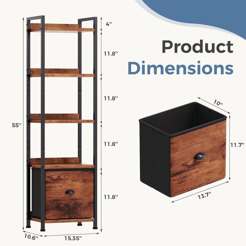 5 Tier Bookshelf 55"x15" Bookcase with Fabric Drawer Open Storage Shelves Free Standing