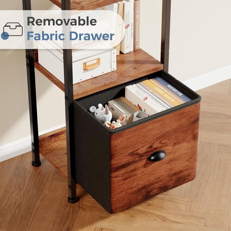 5 Tier Bookshelf 55"x15" Bookcase with Fabric Drawer Open Storage Shelves Free Standing