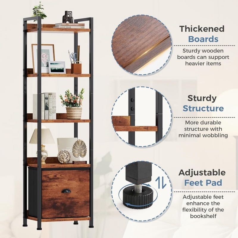 5 Tier Bookshelf 55"x15" Bookcase with Fabric Drawer Open Storage Shelves Free Standing