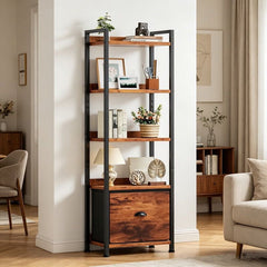 5 Tier Bookshelf 55"x15" Bookcase with Fabric Drawer Open Storage Shelves Free Standing