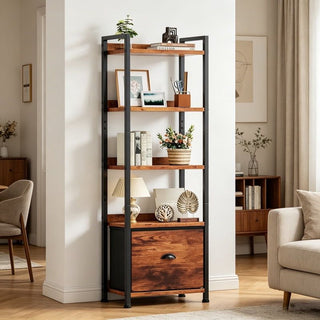 5 Tier Bookshelf 55"x15" Bookcase with Fabric Drawer Open Storage Shelves Free Standing