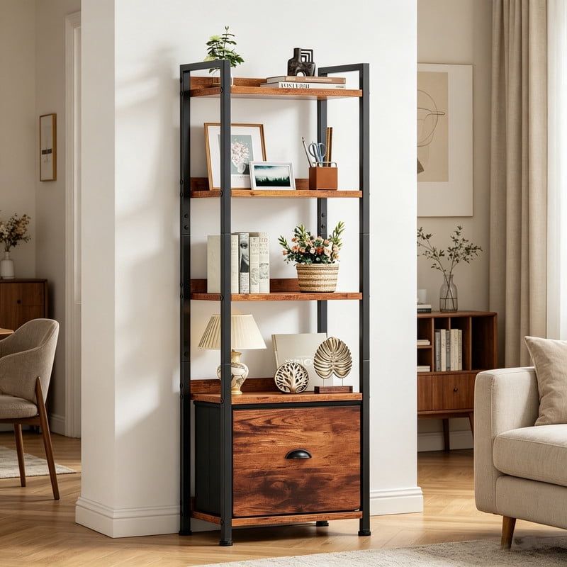 5 Tier Bookshelf 55"x15" Bookcase with Fabric Drawer Open Storage Shelves Free Standing