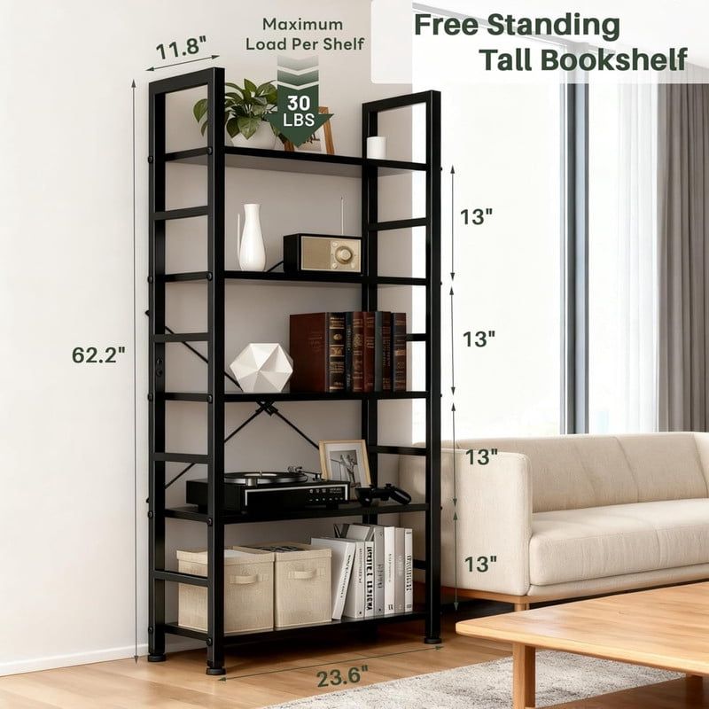 5-Tier Industrial Bookshelf with Open Shelves