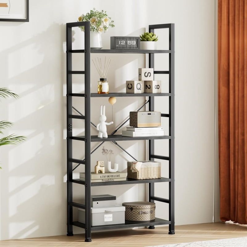 5-Tier Industrial Bookshelf with Open Shelves