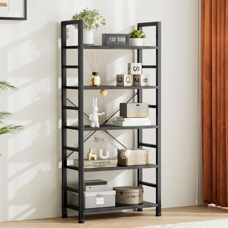 5-Tier Industrial Bookshelf with Open Shelves