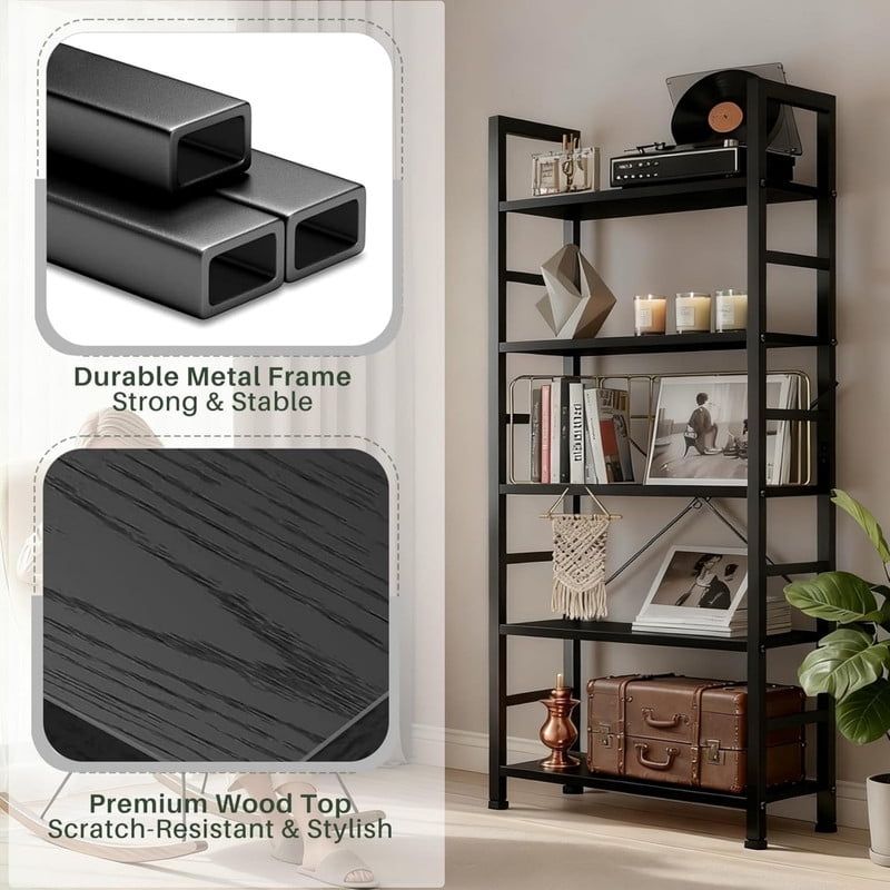 5-Tier Industrial Bookshelf with Open Shelves