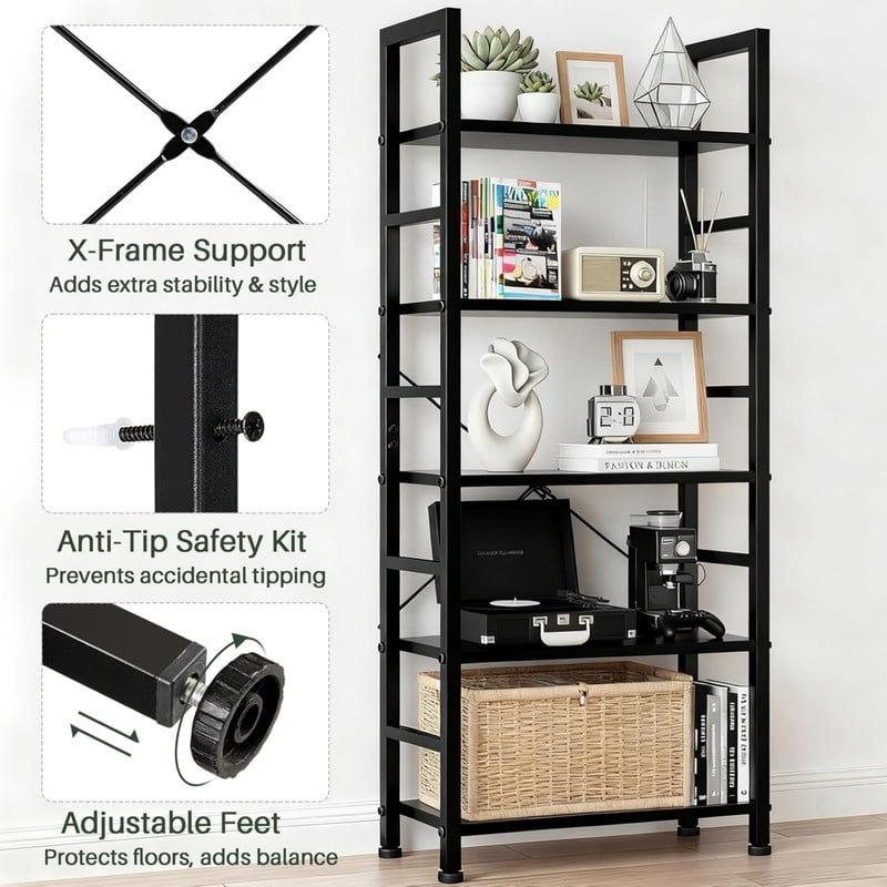5-Tier Industrial Bookshelf with Open Shelves