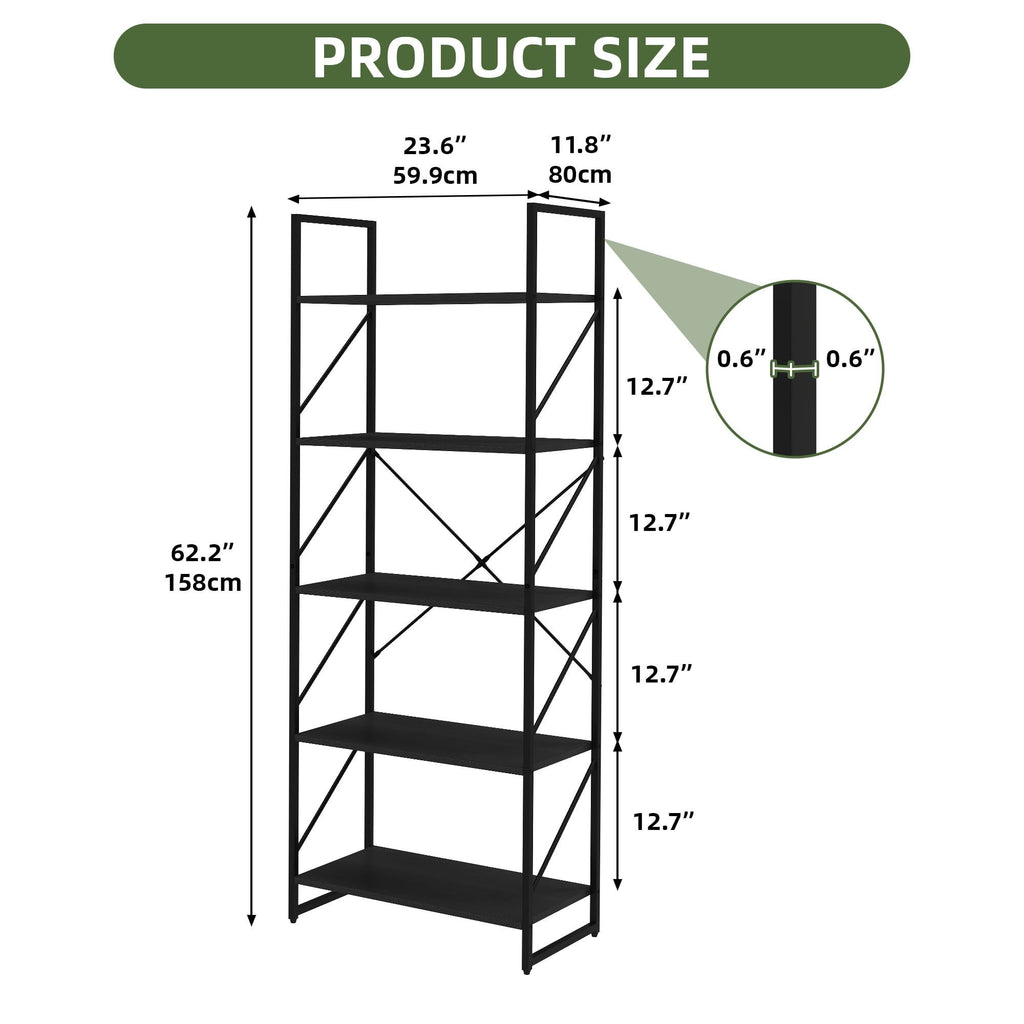 Five-Tier Black Bookcase for Books and Display