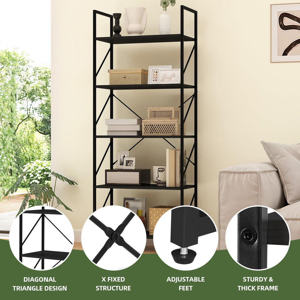 Five-Tier Black Bookcase for Books and Display