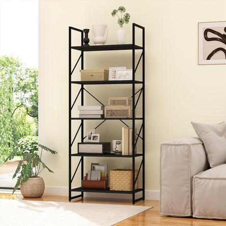Five-Tier Black Bookcase for Books and Display
