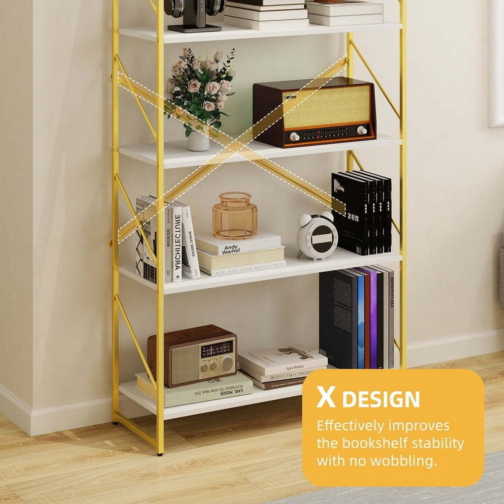 Modern Gold-and-White Five-Tier Display Bookcase