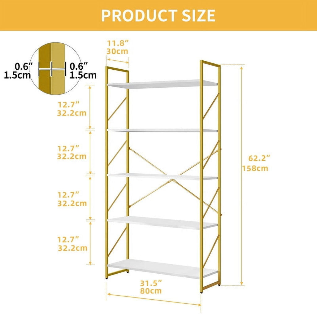 Modern Gold-and-White Five-Tier Display Bookcase