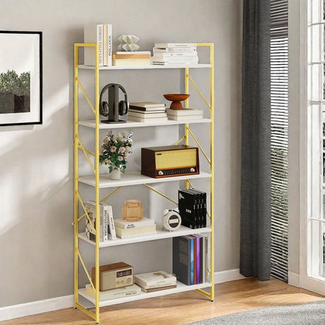 Modern Gold-and-White Five-Tier Display Bookcase