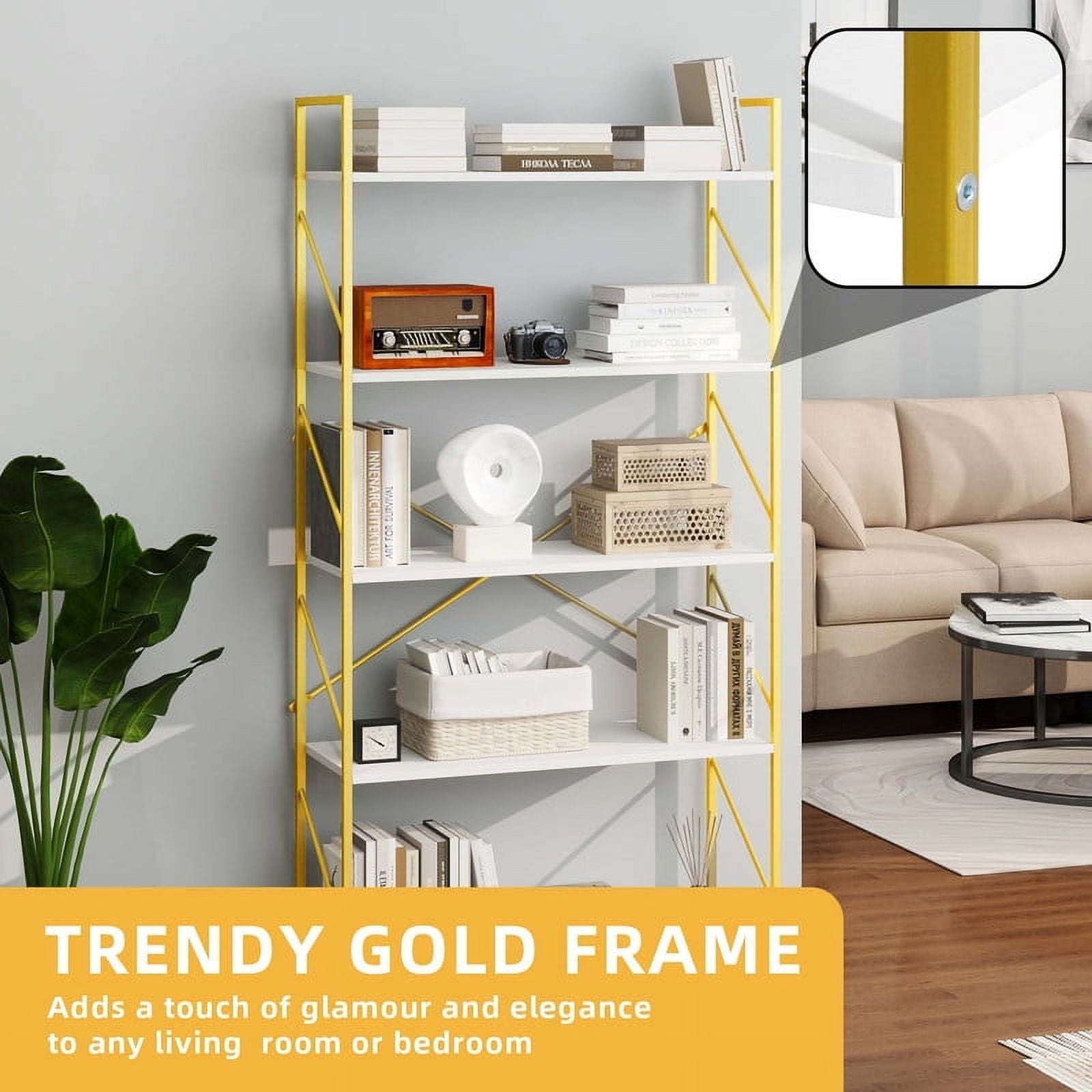 Modern Gold-and-White Five-Tier Display Bookcase