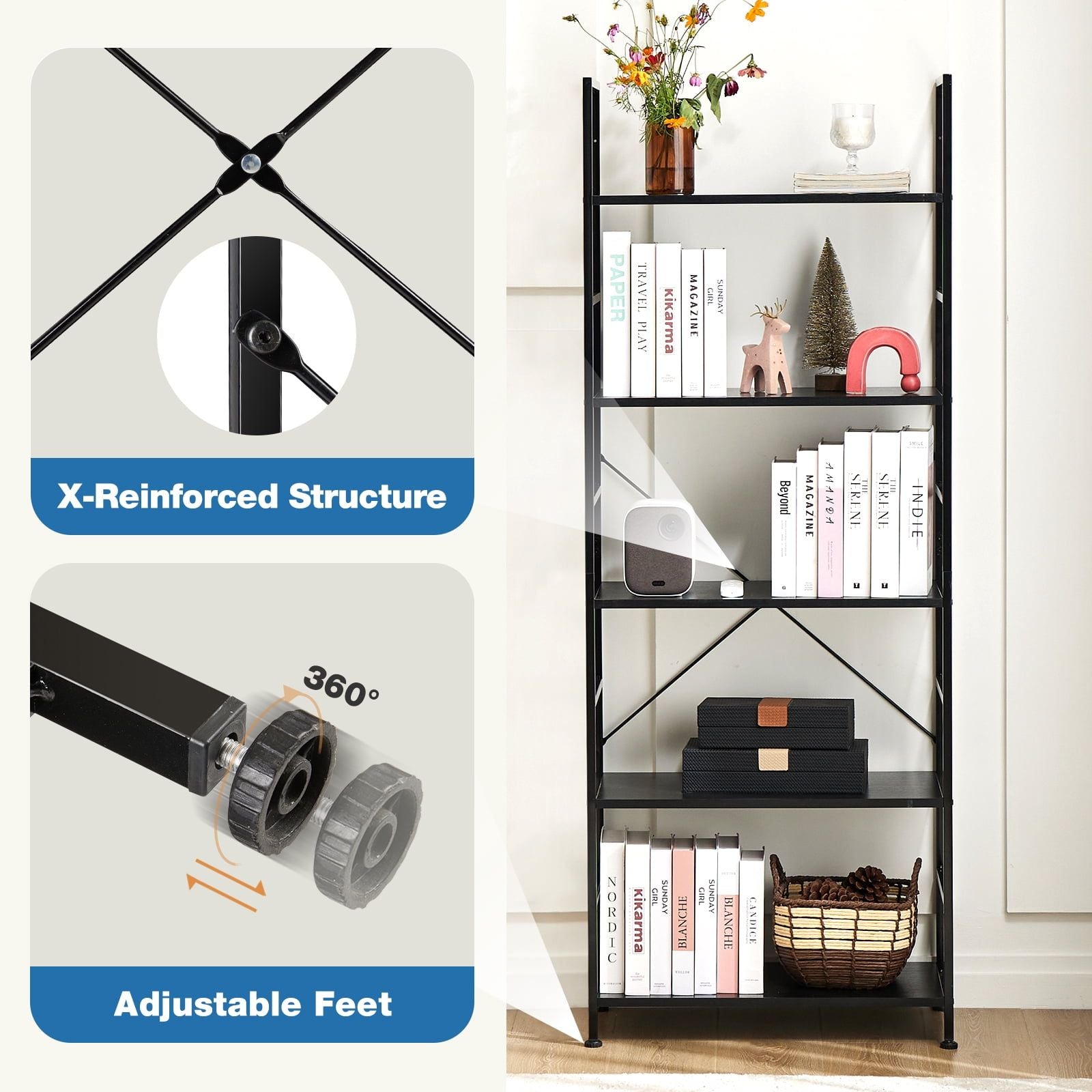 Five-Tier Industrial Bookcase With Open Shelving