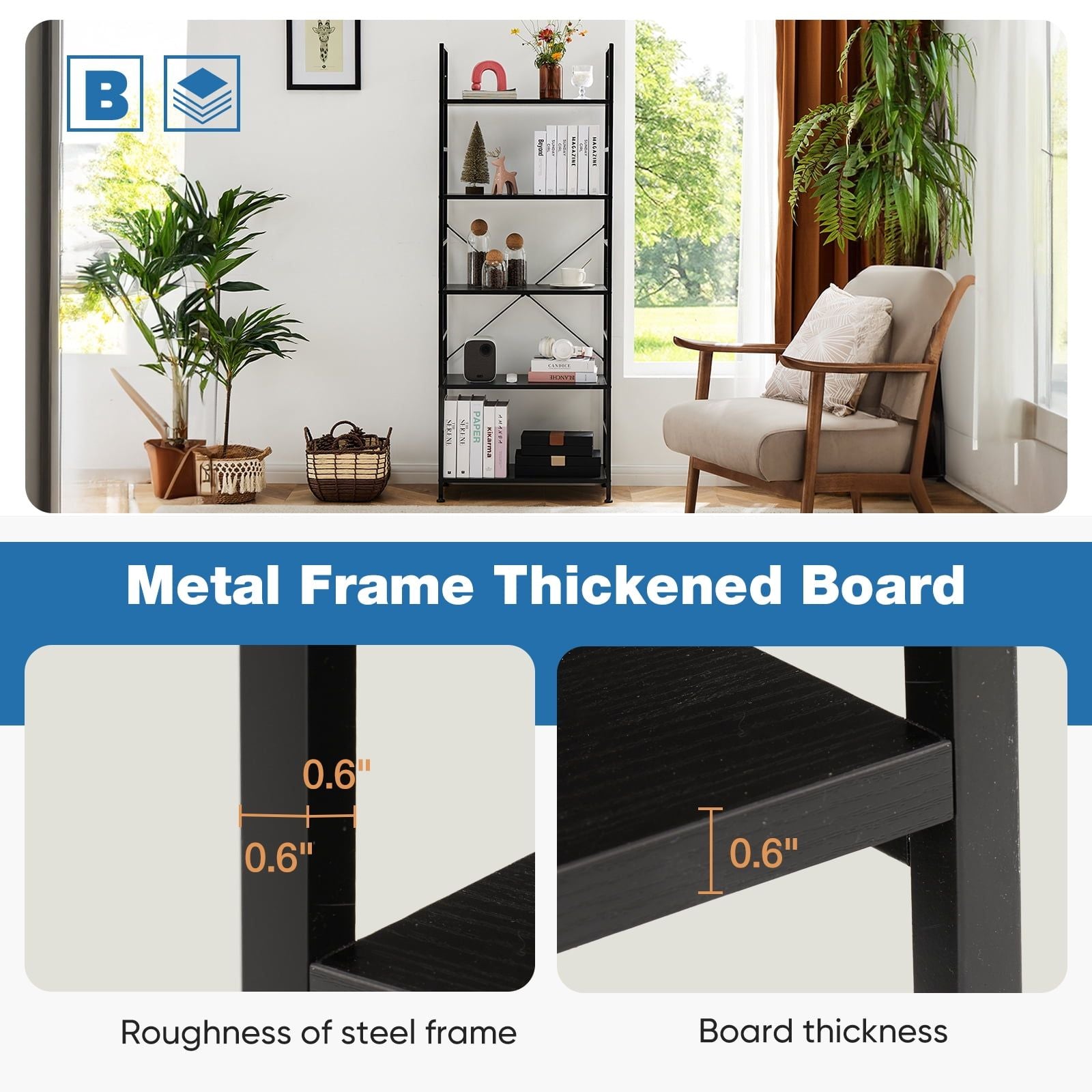 Five-Tier Industrial Bookcase With Open Shelving