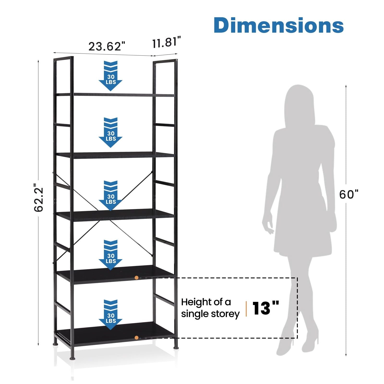 Five-Tier Industrial Bookcase With Open Shelving
