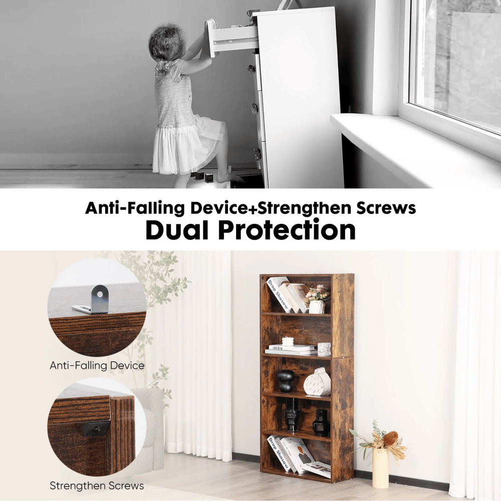 5-Tier Bookshelf with Adjustable Shelves – Rustic Brown Bookcase for Office & Home Storage